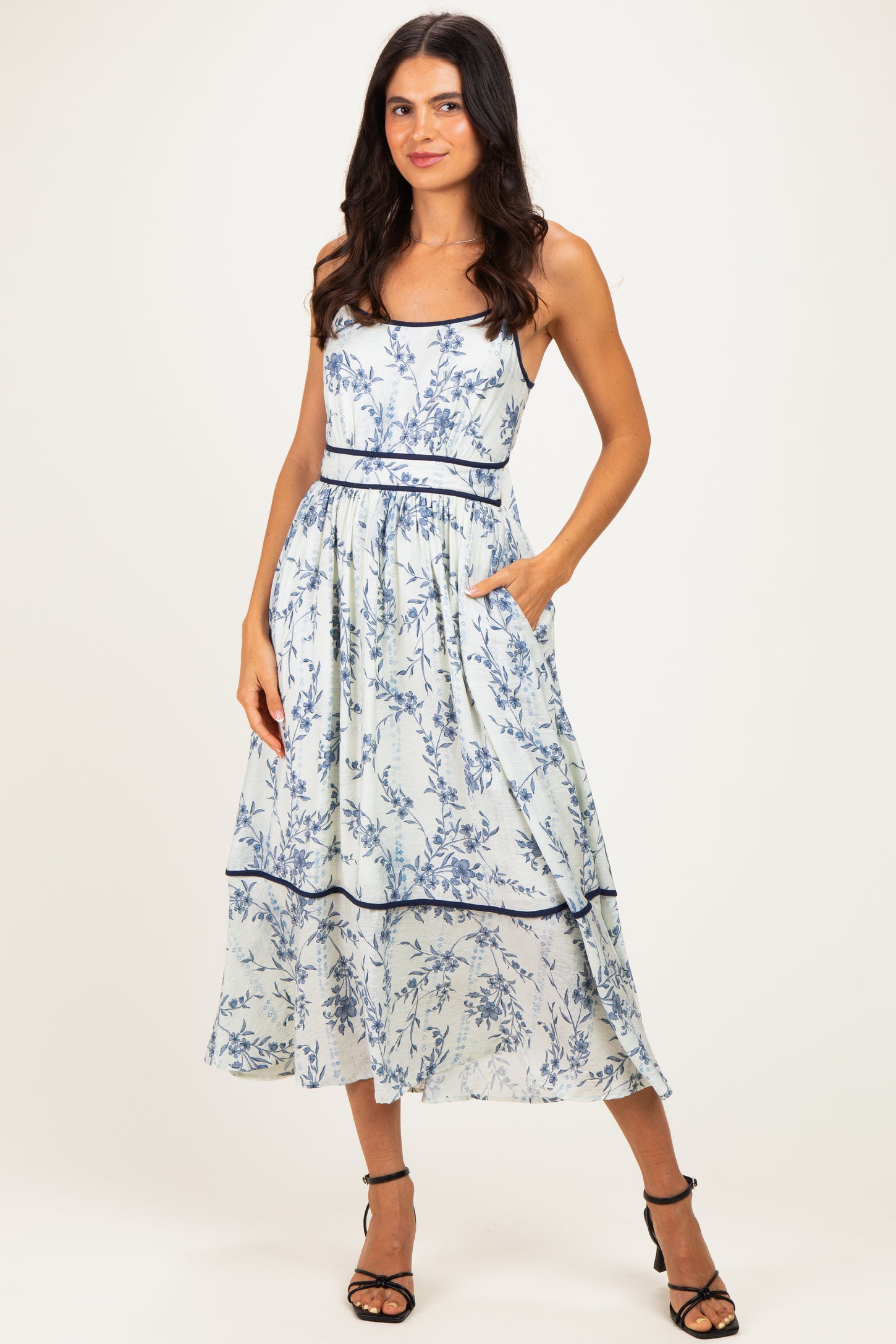 Blue Floral Cutout Tie Back Maternity Midi Dress