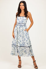 Blue Floral Cutout Tie Back Maternity Midi Dress