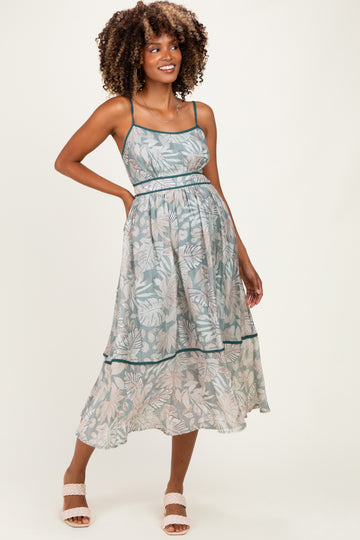 Dark Green Printed Cutout Tie Back Maternity Midi Dress