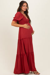 Brick V-Neck Smocked Tiered Maternity Maxi Dresses