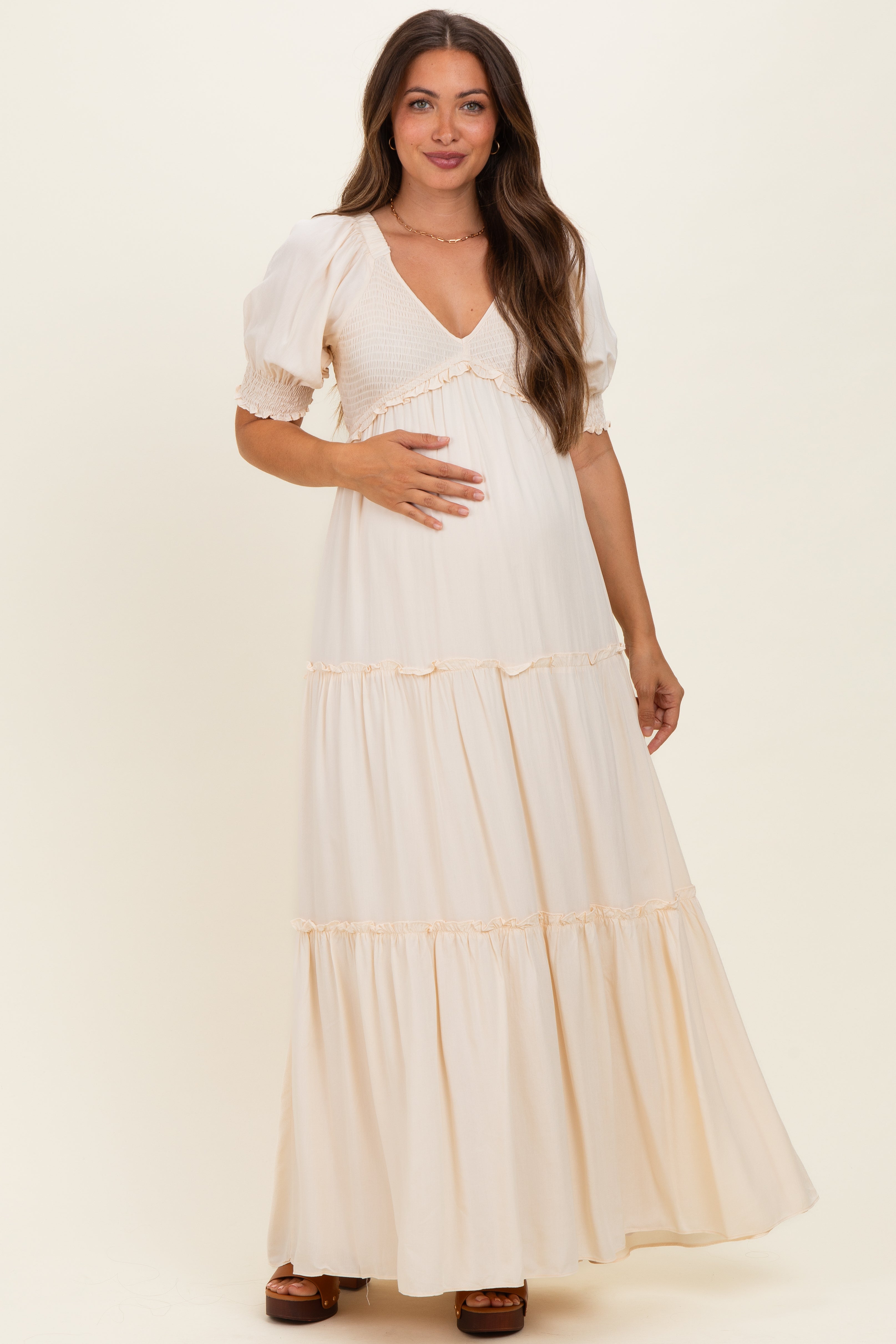chinese dress ladies Cream V-Neck Smocked Tiered Maternity Maxi Dresses – PinkBlush