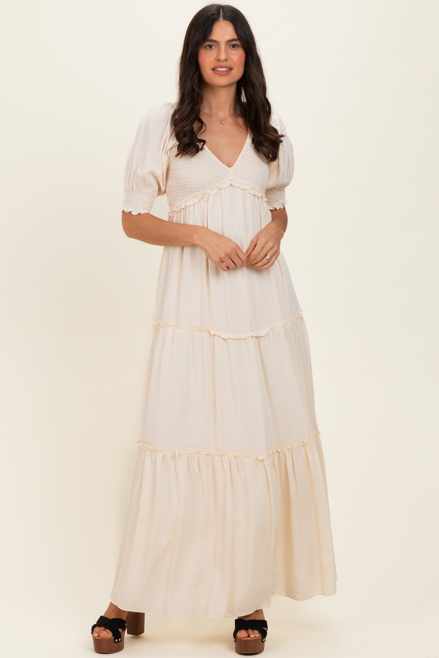 Cream V-Neck Smocked Tiered Maternity Maxi Dresses