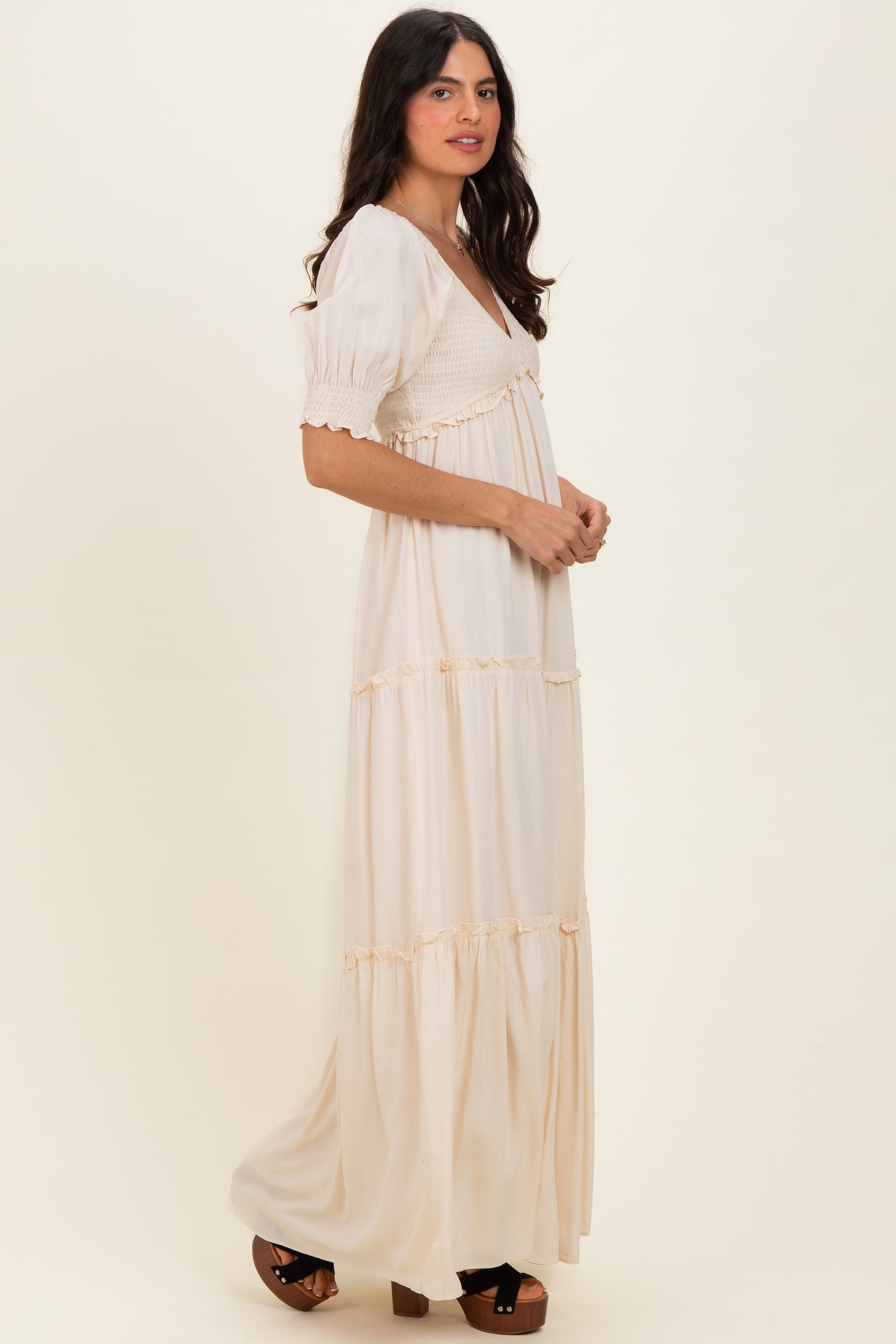 Cream V-Neck Smocked Tiered Maxi Dresses Cream V-Neck Smocked Tiered Maxi Dresses