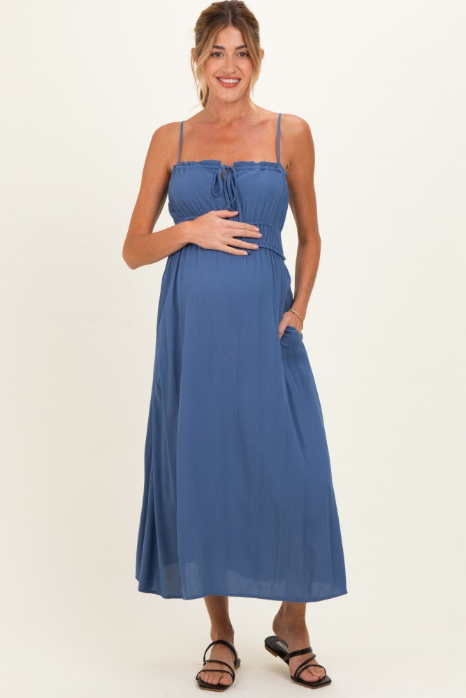 denim smocked maxi dress Wrangler Womens Blue Denim Smocked Flowy Maxi Dress