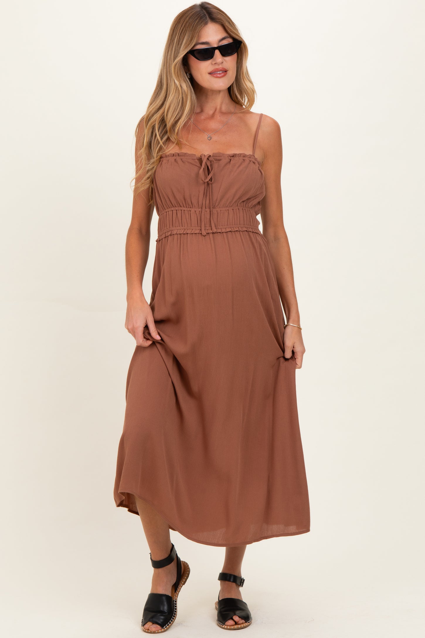 brown maternity maxi dress Brown Solid Smocked Maternity Maxi Dress PinkBlush