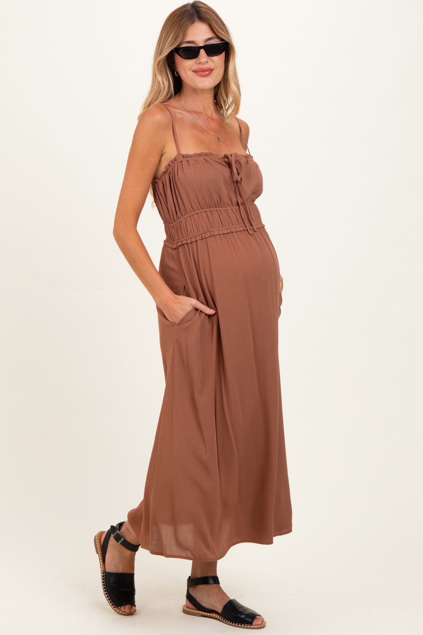maxi brown maternity dress Brown Deep V-Neck Tiered Maternity Maxi Dress PinkBlush