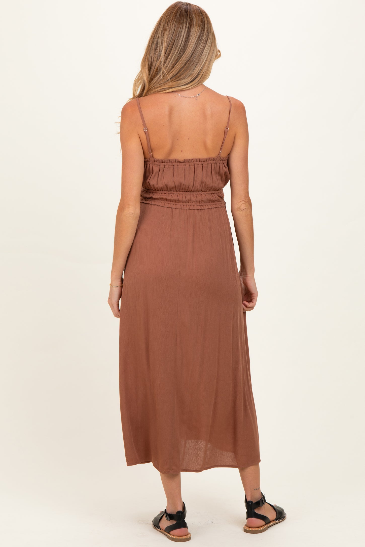 maxi brown maternity dress boohoo Women's Maternity Soft Rib Off Shoulder Column Maxi Dress - Camel