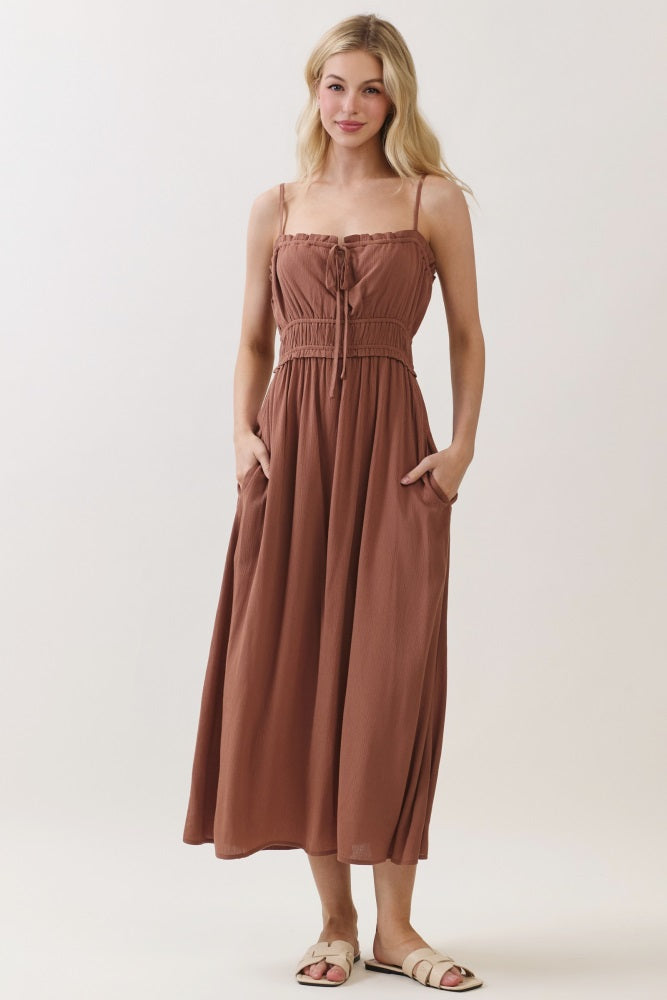 Brown Solid Smocked Maxi Dress