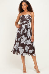 Brown Floral Tie Back Maternity Midi Dress