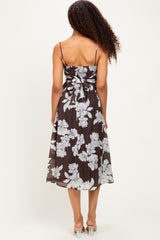 Brown Floral Tie Back Midi Dress
