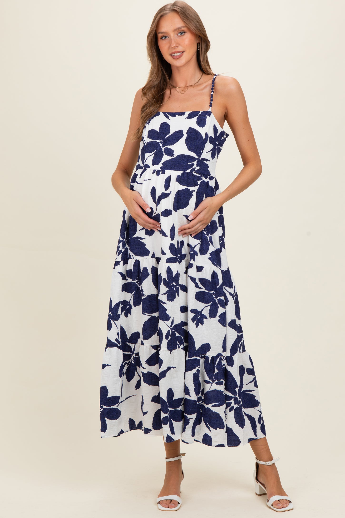 Navy Blue Floral Tiered Maternity Midi Dress