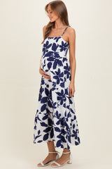 Navy Blue Floral Tiered Maternity Midi Dress