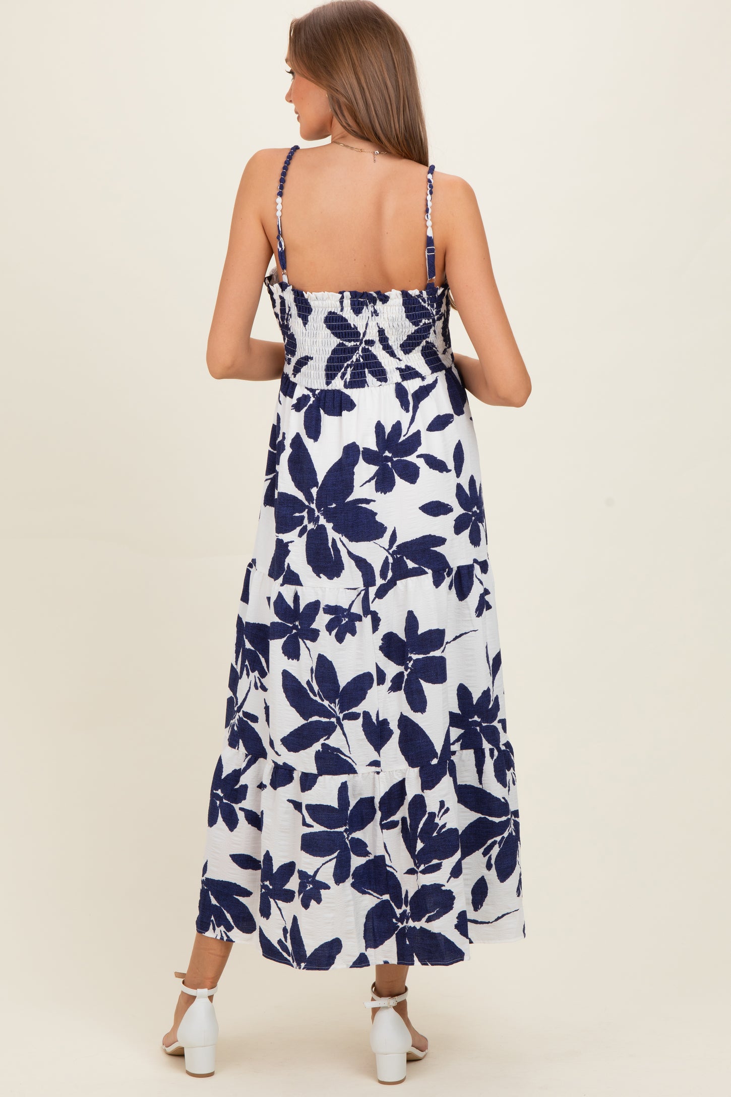Navy Blue Floral Tiered Maternity Midi Dress