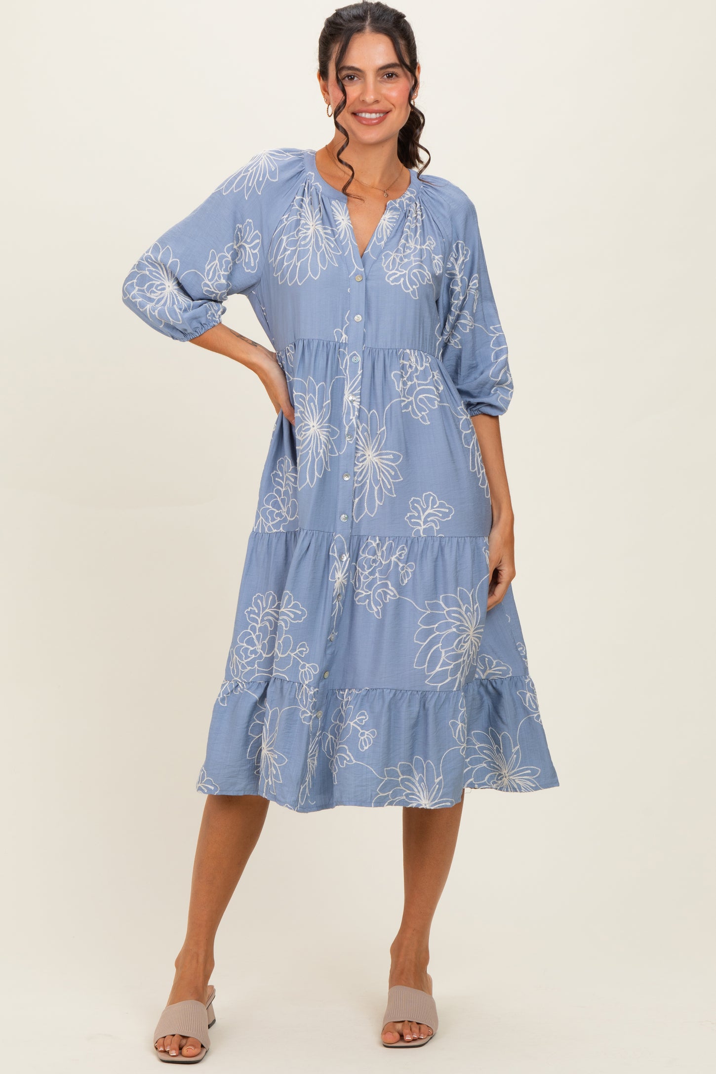 Blue Embroidered Tiered Midi Shirt Dress
