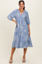 Blue Embroidered Tiered Midi Shirt Dress