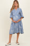 Blue Embroidered Tiered Maternity Midi Shirt Dress