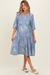 Blue Embroidered Tiered Maternity Midi Shirt Dress