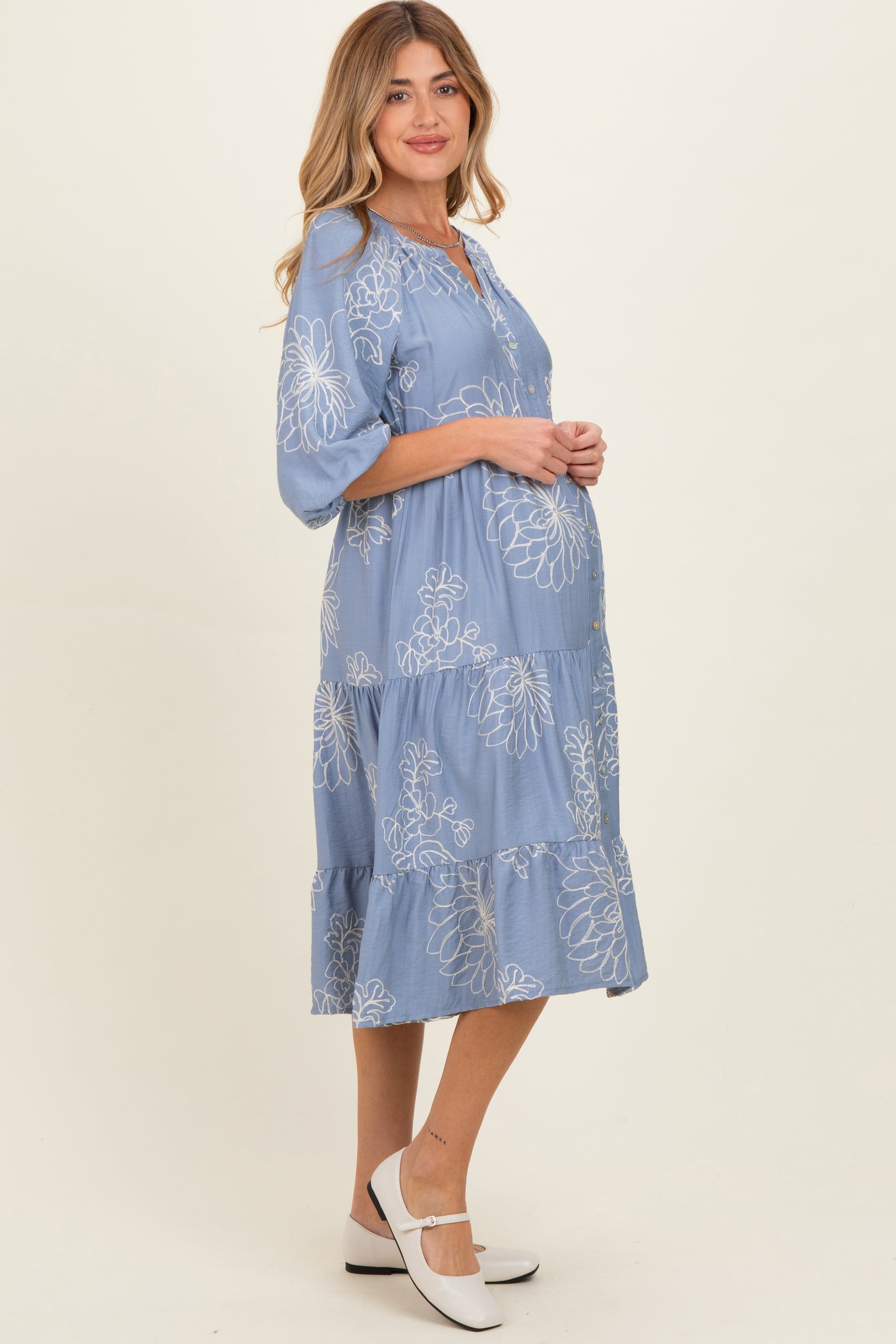 Blue Embroidered Tiered Maternity Midi Shirt Dress