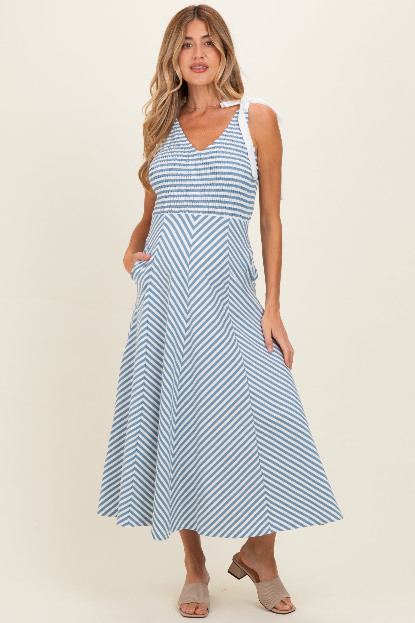 Light Blue Striped Smocked Shoulder Tie Maternity Midi Dress PinkBlush Light Blue Striped Smocked Shoulder Tie Maternity Midi Dress PinkBlush