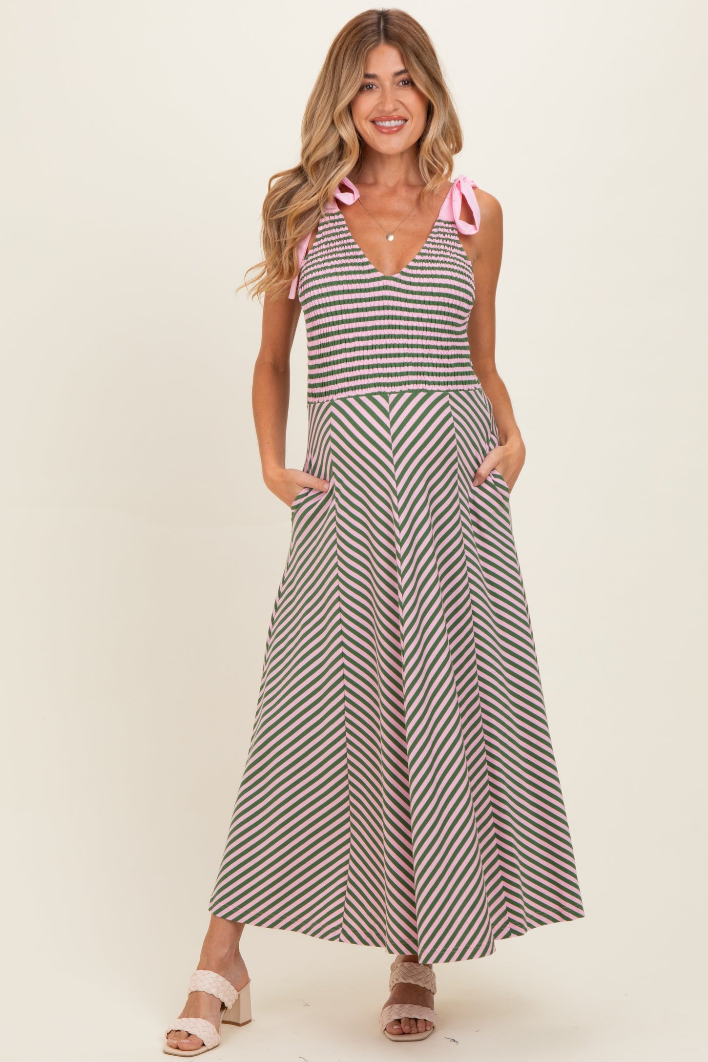 modern renewal eco tie buster midi dress pacsun Olive Striped Smocked Shoulder Tie Maternity Midi Dress – PinkBlush