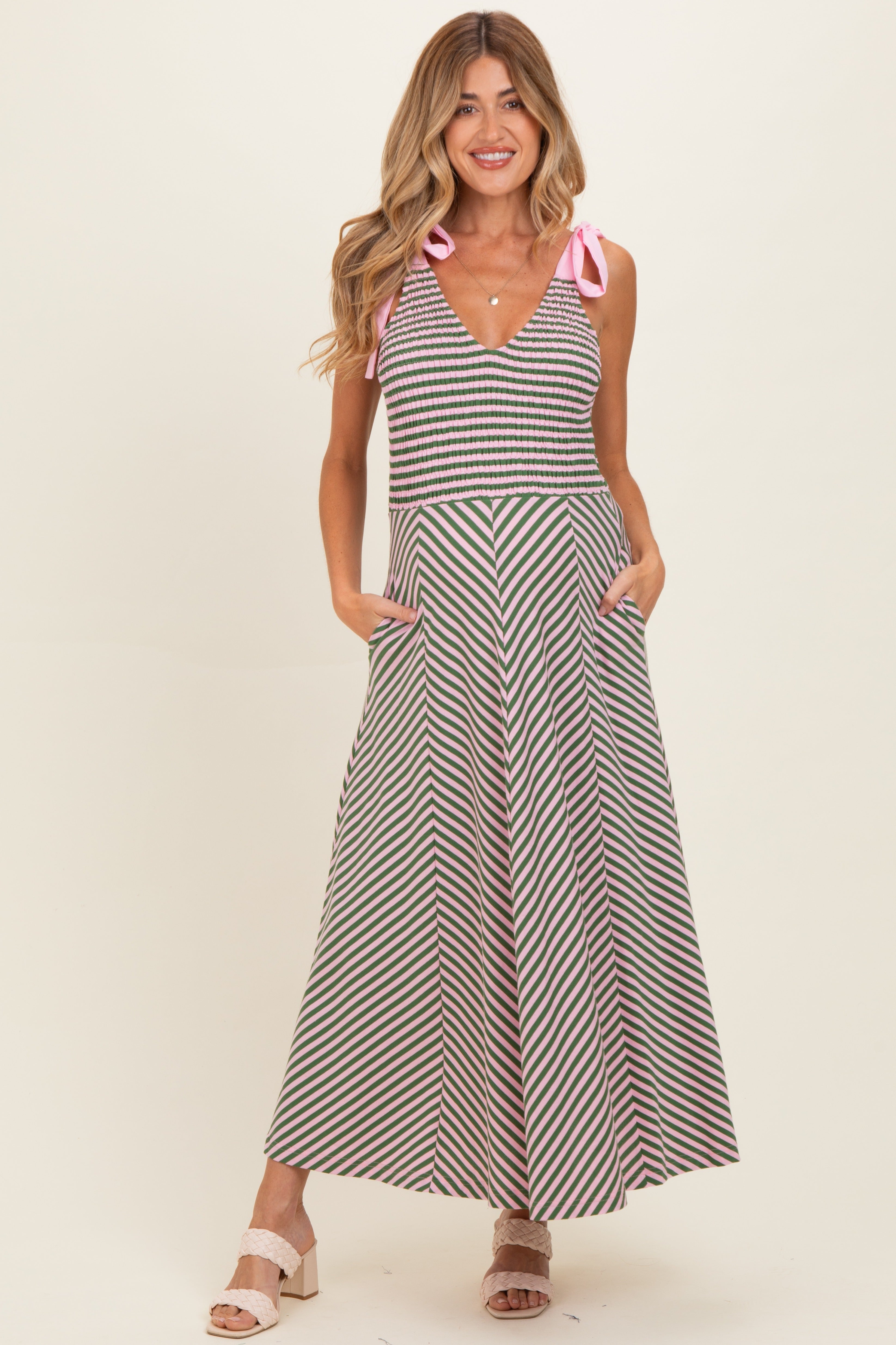 modern renewal eco tie buster midi dress Olive Striped Smocked Shoulder Tie Maternity Midi Dress