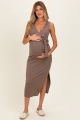 Mocha Sleeveless Wrap Maternity Midi Dress