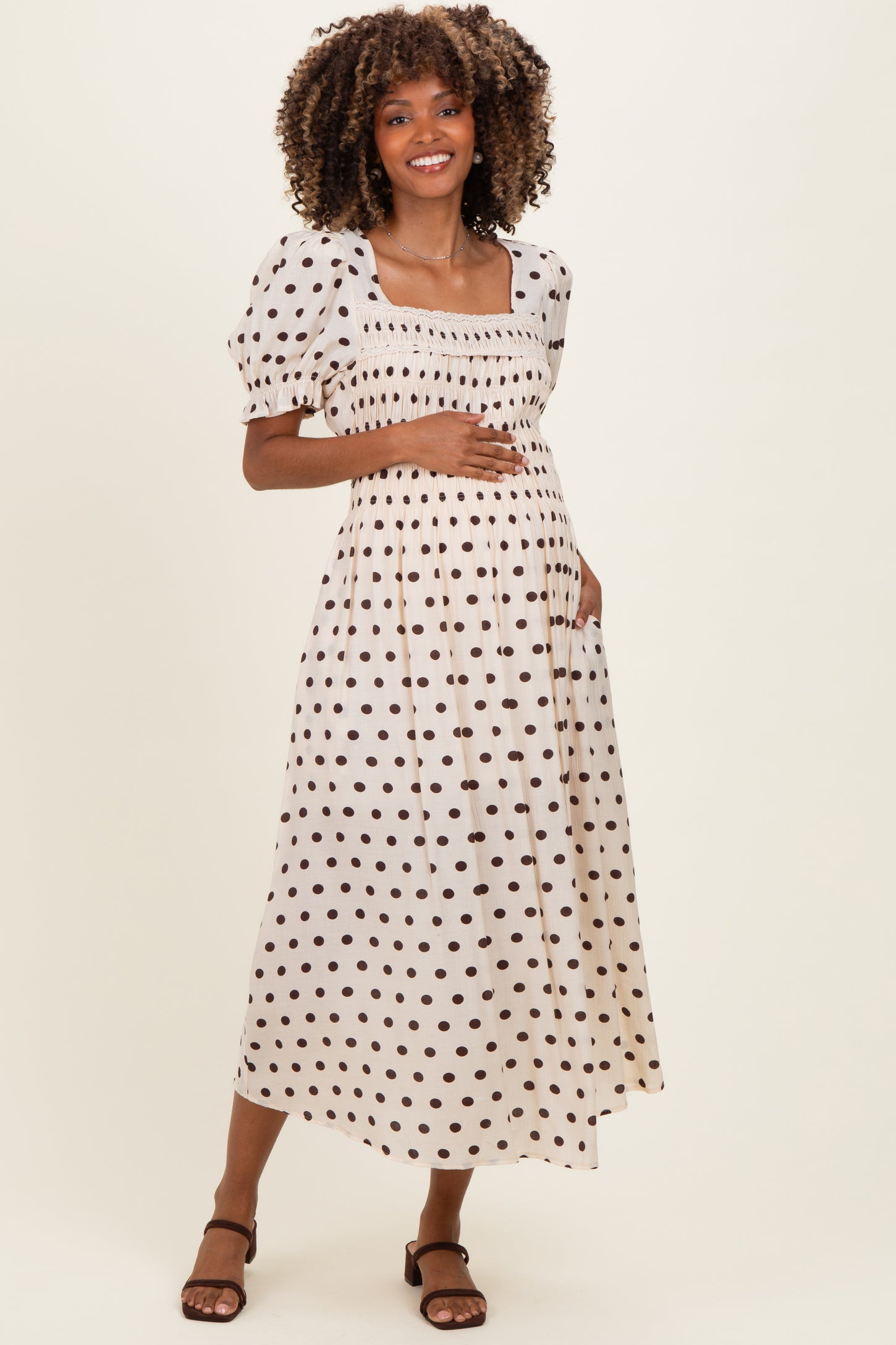 Ecru Polka Dot Smocked Maternity Midi Dress