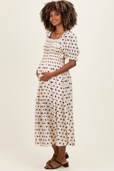 Ecru Polka Dot Smocked Maternity Midi Dress