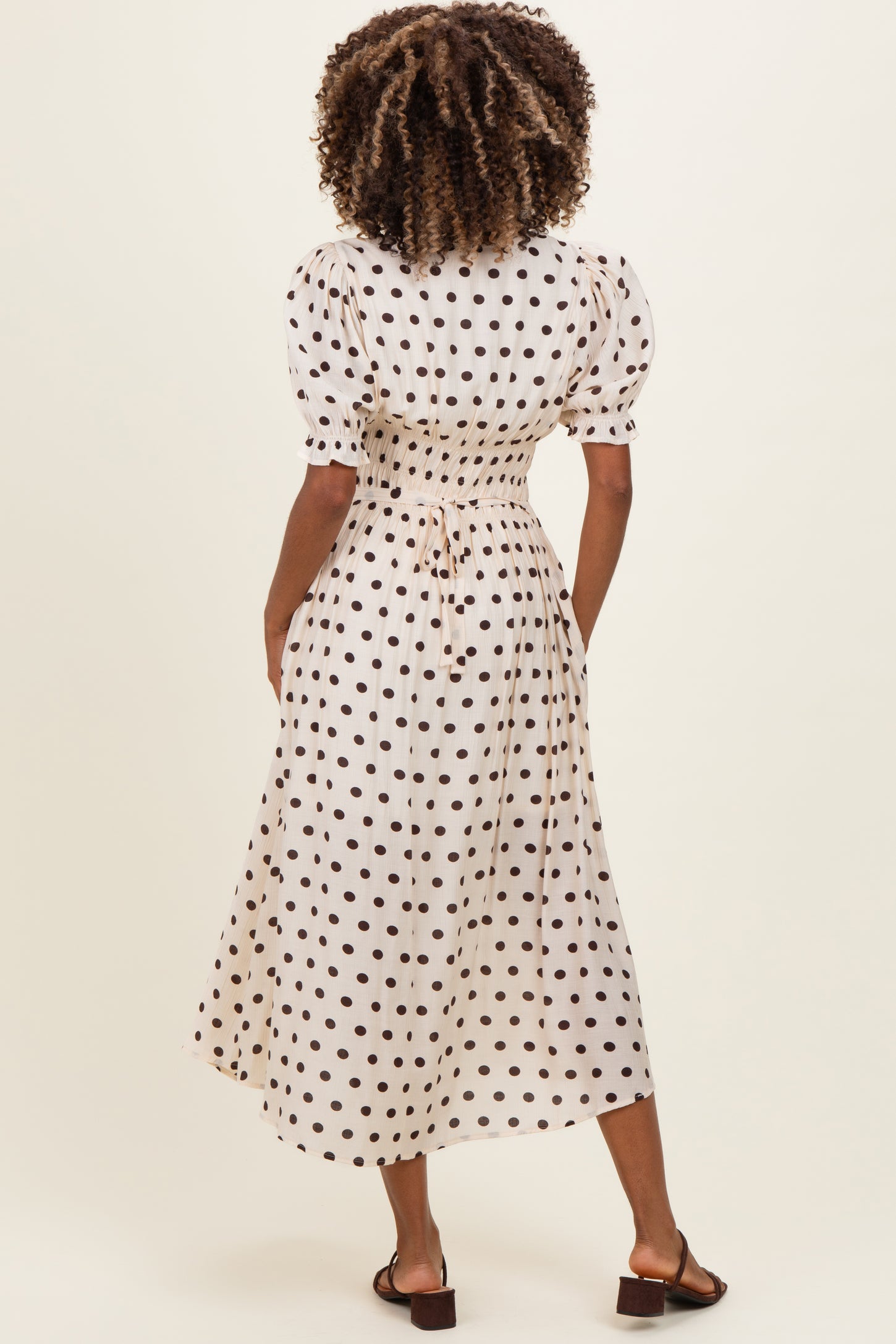 Ecru Polka Dot Smocked Maternity Midi Dress