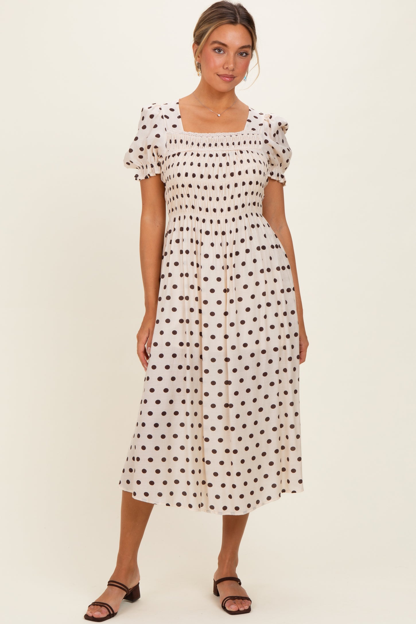 Ecru Polka Dot Smocked Maternity Midi Dress