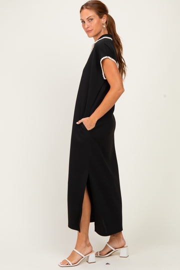 Black Stitch Detail Collared Midi Dress