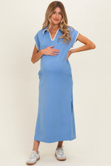 Blue Stitch Detail Collared Maternity Midi Dress