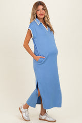 Blue Stitch Detail Collared Maternity Midi Dress