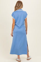 Blue Stitch Detail Collared Maternity Midi Dress