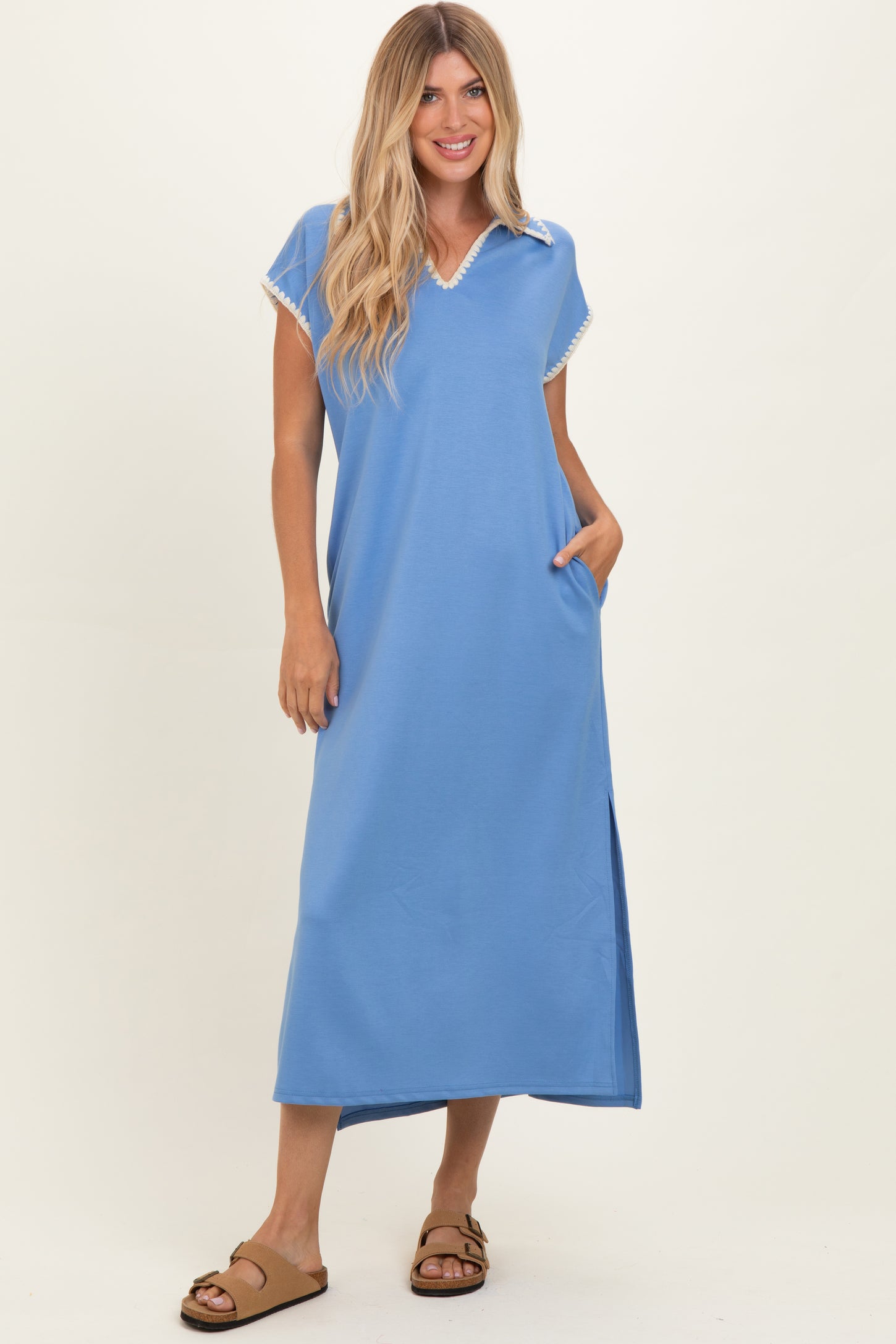 Blue Stitch Detail Collared Midi Dress
