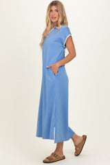 Blue Stitch Detail Collared Midi Dress