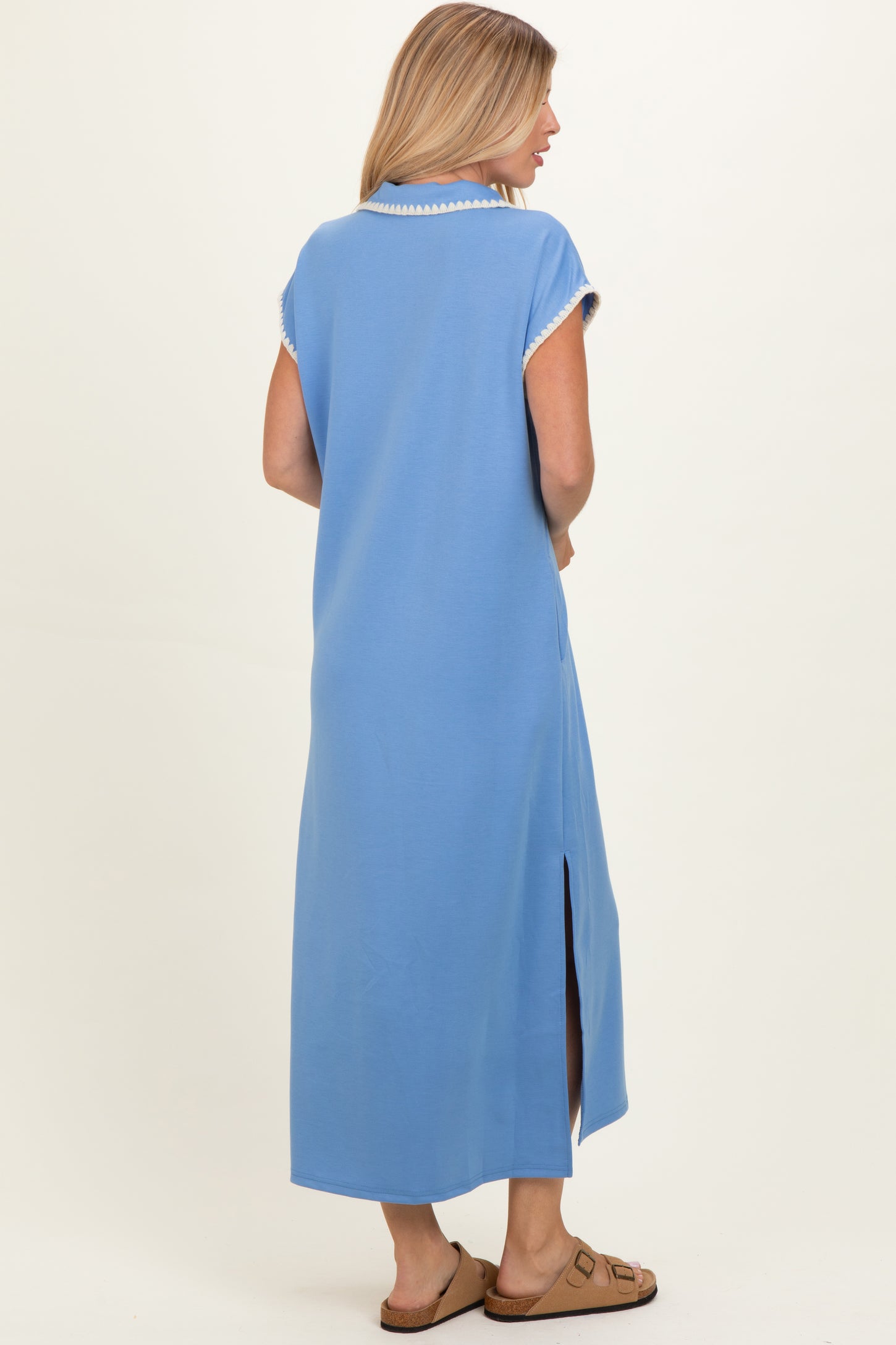 Blue Stitch Detail Collared Midi Dress