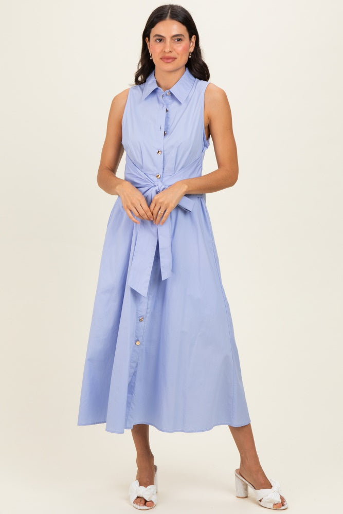 sleeveless chambray shirt dress Floral Chambray Denim Tie Waist Dress Light Denim Light Denim / L