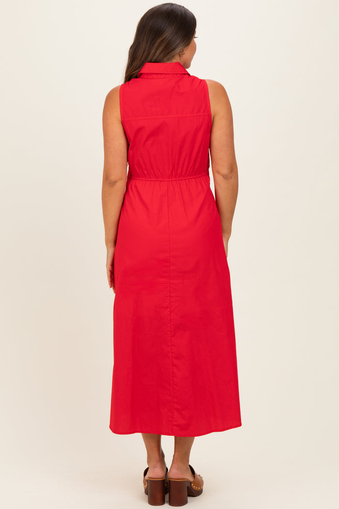 woman wearing a red sleeveless maxi maternity dress with a fitted waist and a collar, viewed from the back