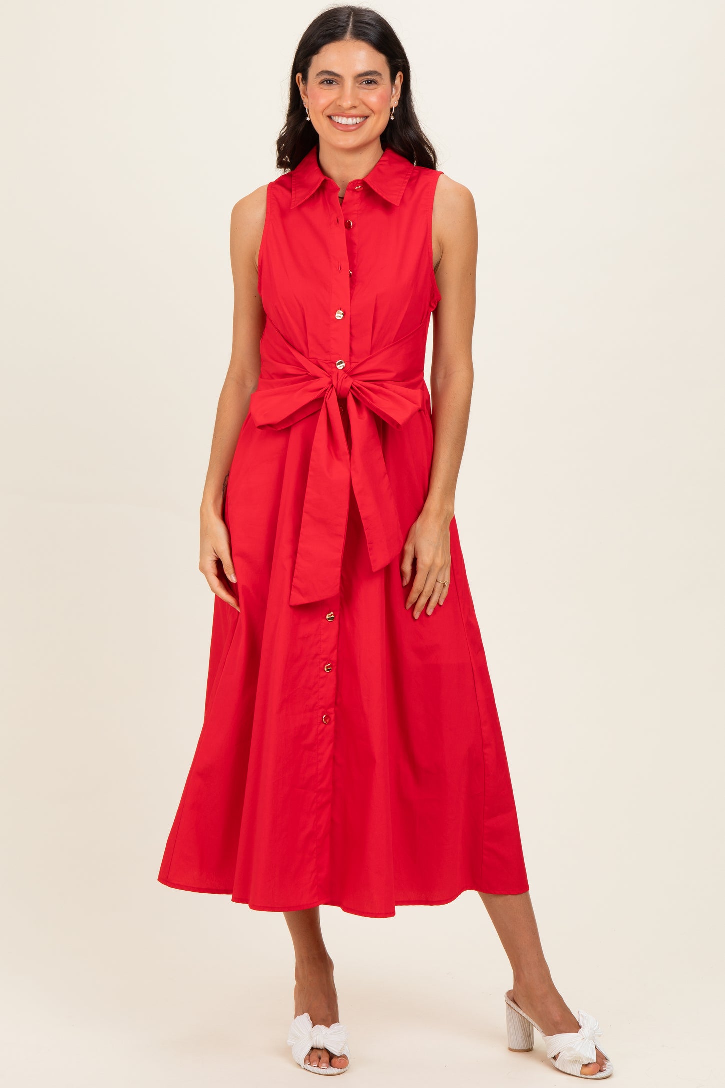 red button front midi dress Red A-Line Pleated Button Midi Dress & Reviews - Red - Dresses