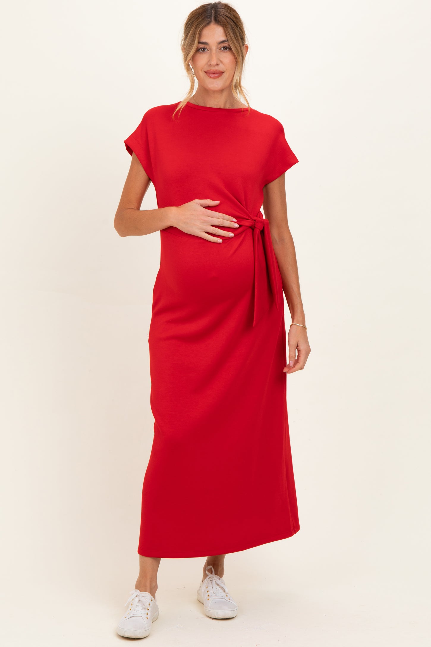 short sleeve red midi dress Red Split Neck Puff Short Sleeve Tiered Midi Dress