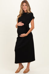 Black Side Tie Short Sleeve Maternity Midi Dress