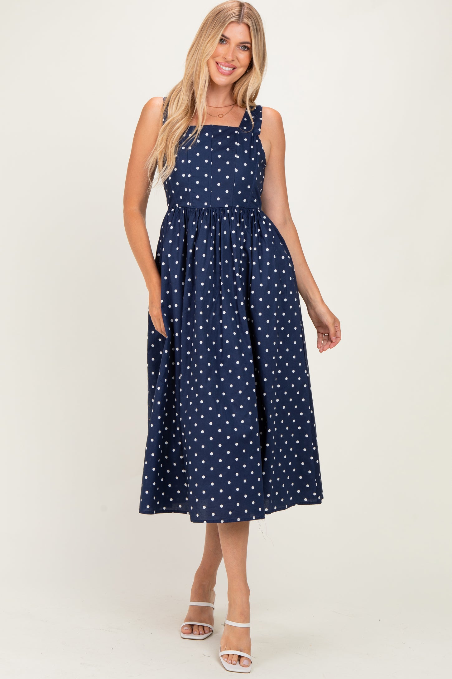 navy blue sleeveless midi dress Navy Blue Cotton Flax Sleeveless A-Line Midi Dress 50" / Tall (5'7" and above)