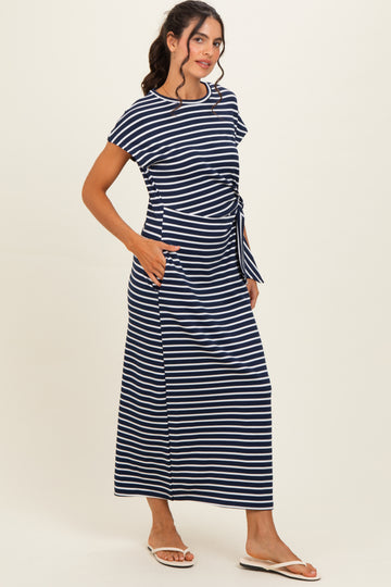 Navy Striped Side Tie Midi Dress