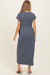Navy Striped Side Tie Maternity Midi Dress