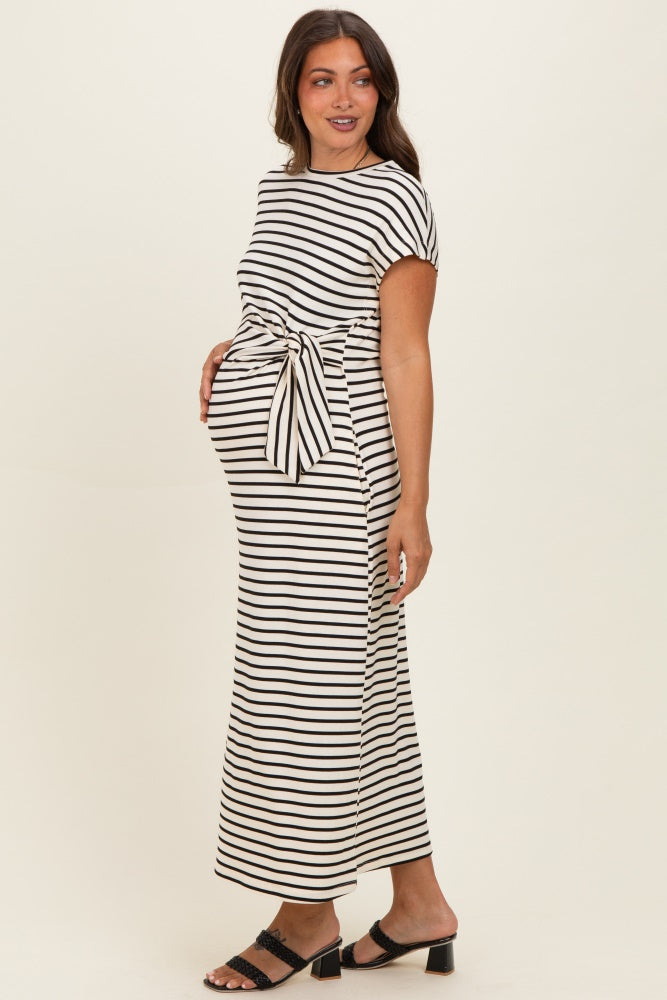 stylish maternity dress Cream Striped Side Tie Maternity Midi Dress – PinkBlush