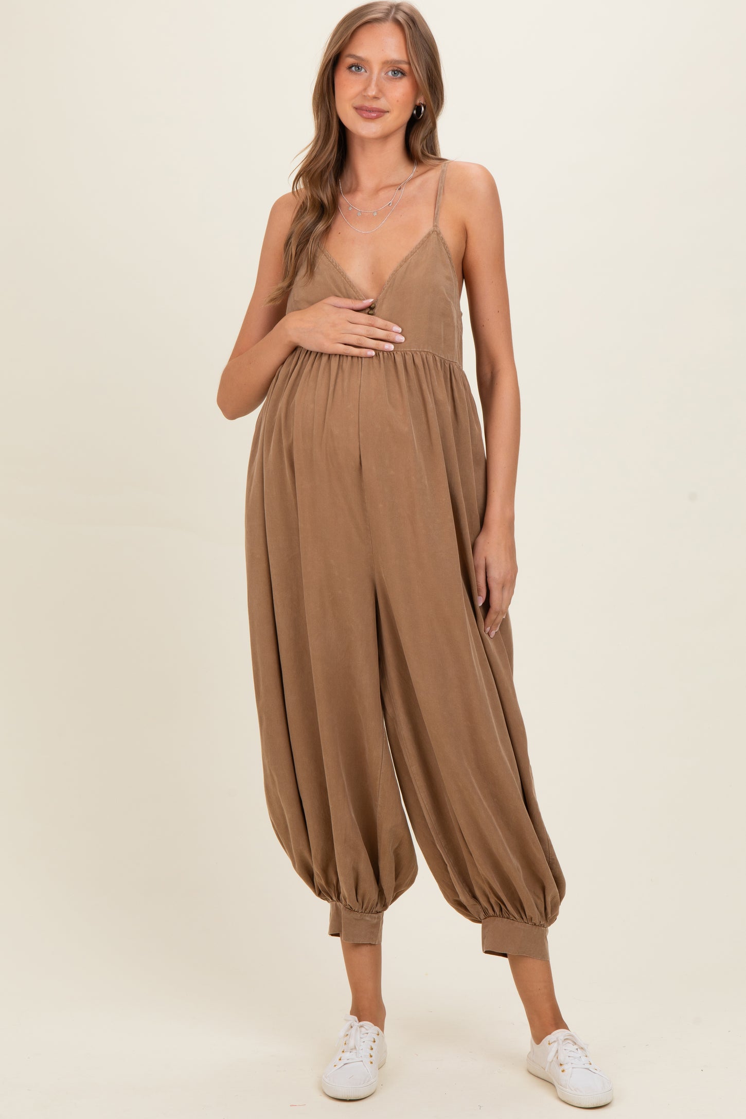 Mushroom Mineral Wash Sleeveless V-Neck Maternity Jumpsuit