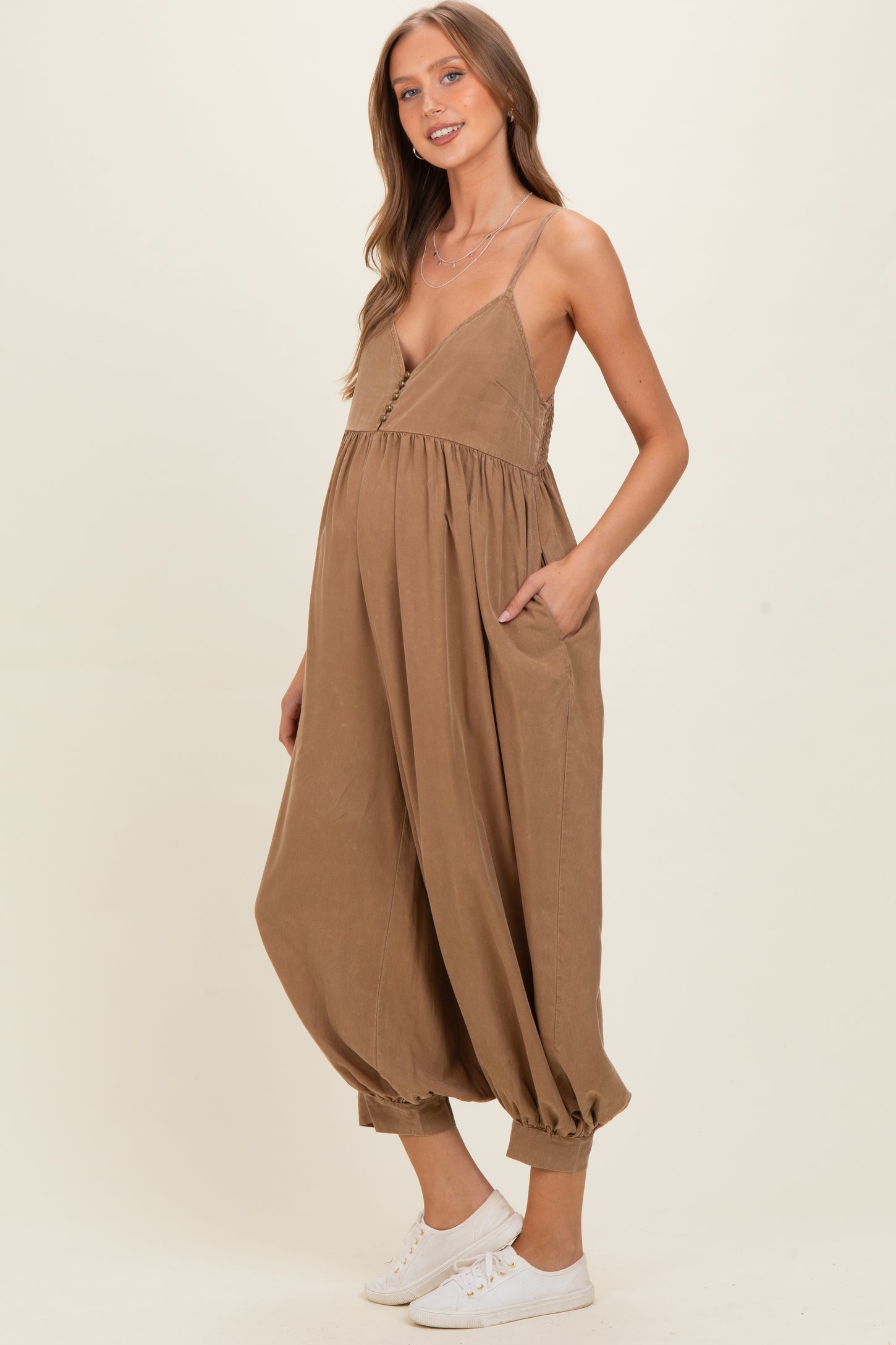 Mushroom Mineral Wash Sleeveless V-Neck Maternity Jumpsuit