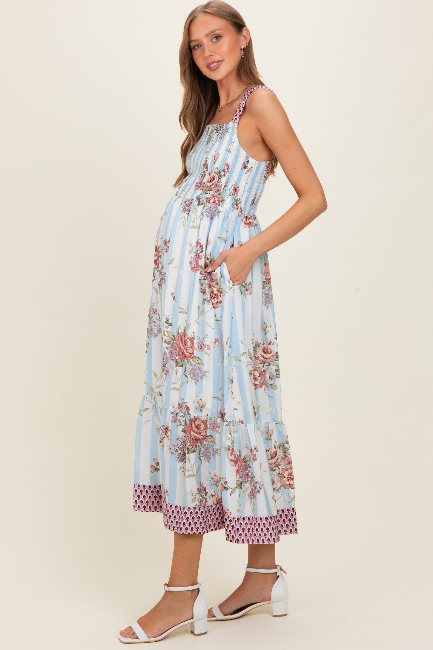 French Blue Floral Striped Contrast Strap Maternity Maxi Dress – PinkBlush