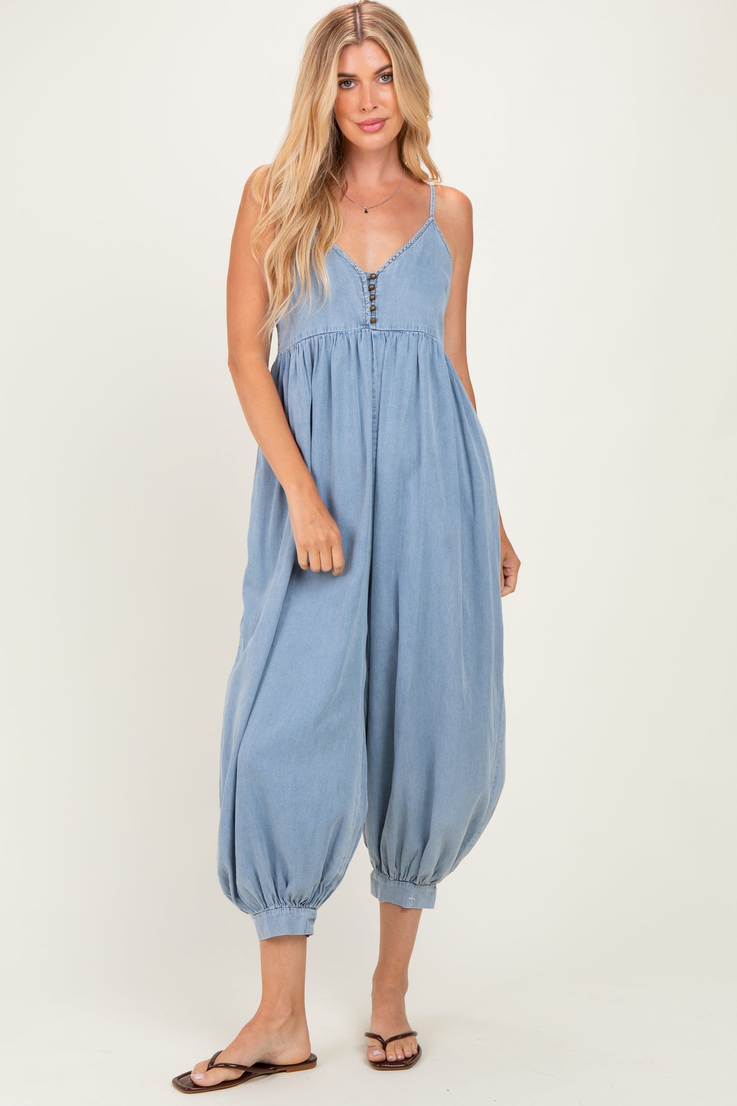 Denim Blue Sleeveless Button Down Jumpsuit